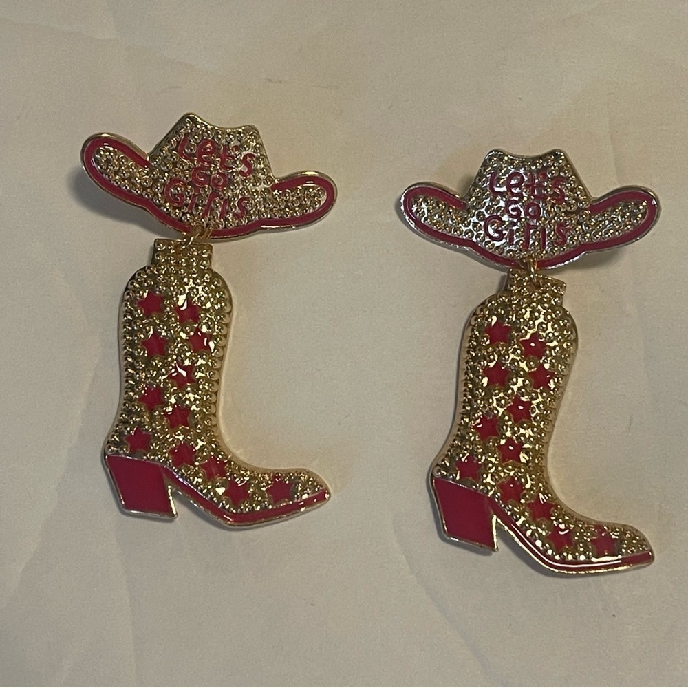 Cowboy Hat Boots Earrings Let’s Go Girls Concert Hoedown New Hot Pink Gold - Picture 8 of 16